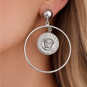 Authentic Versace Medusa Crystal Hoop Drop Earrings – Silver Tone – With Box